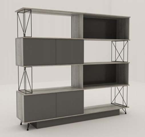 Two-Tone Industrial Asymmetrical 4-Tier Open Bookcase with Closed Cabinet Compartments