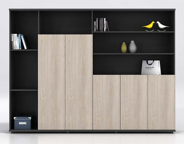 Asymmetrical Office Display Storage Cabinet with Mixed Open Shelves and Closed Doors
