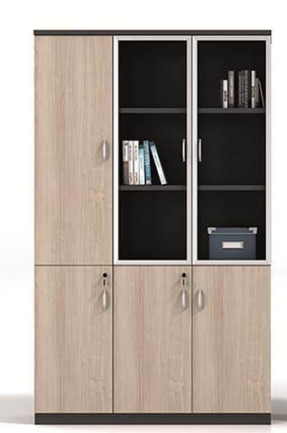 3-Column Lockable Light Oak Office Storage Cabinet with Upper Glass Doors
