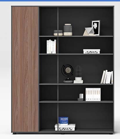 Executive Office Bookcase Storage Cabinet with Left Walnut Door and Black Open Shelves