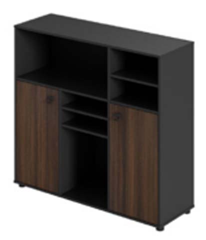 Mixed Open-Closed Freestanding Office Storage Cabinet with Walnut Slatted Doors