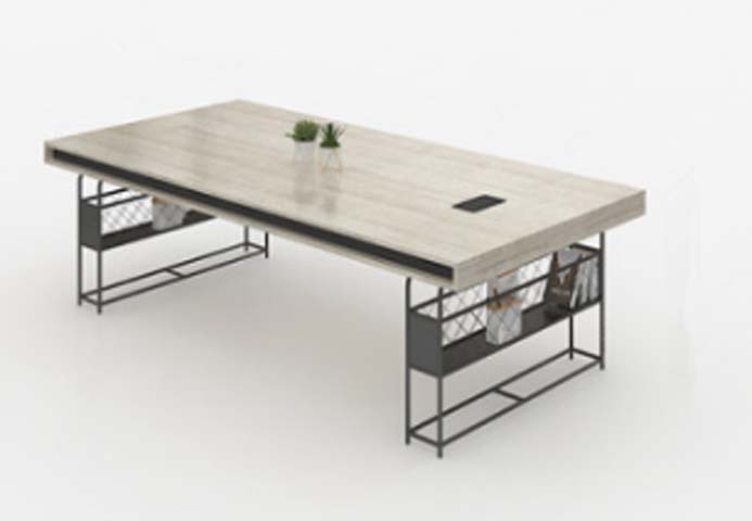 Light Wood Grain Rectangular Conference Table with Dual Diamond-Mesh Side Storage Shelves and Integrated Cable Grommet