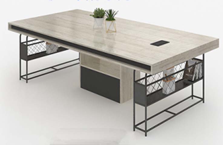 Industrial Light Wood Grain Executive Office Desk with Central Cabinet and Dual Mesh Side Shelves