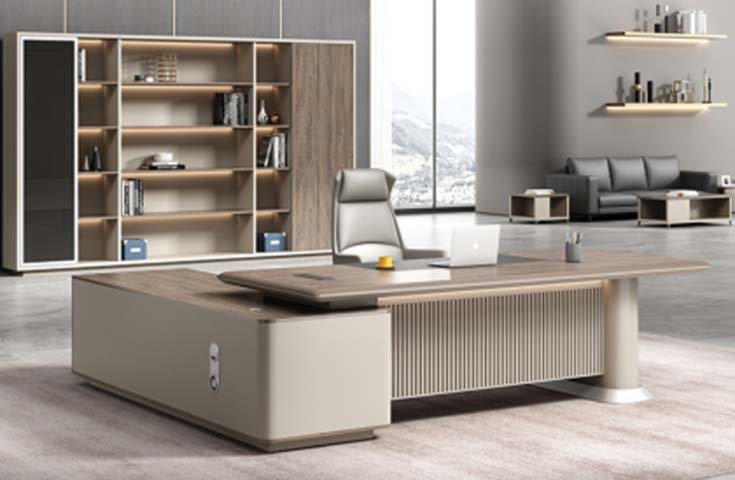 Modern Light Wood Taupe L-Shaped Executive Office Desk with Left Storage Return