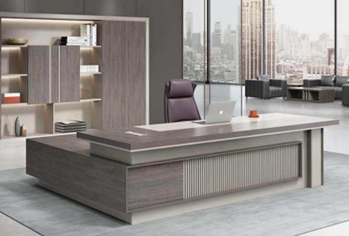 Dual-Tone L-Shaped Fixed-Height Executive Office Desk with Slatted Panel Base