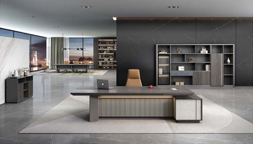 Modern Luxury L-Shaped Executive Desk with Ribbed Front Modesty Panel and Right Side Return Cabinet