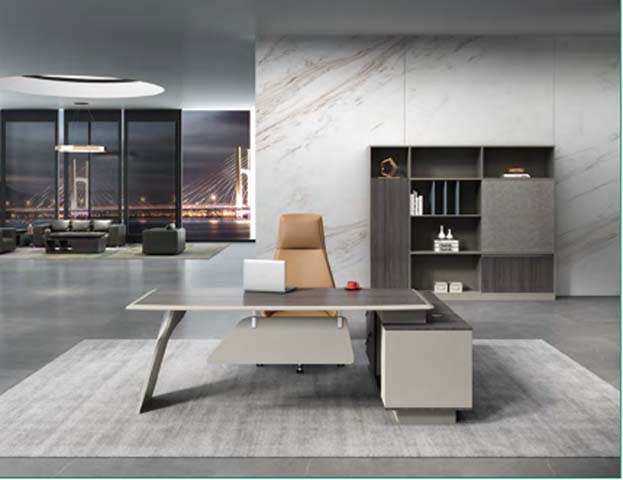 Two-Tone Grey L-Shaped Executive Office Desk with Right Side Storage Cabinet