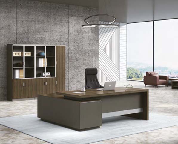 Two-Tone Walnut and Grey L-Shaped Executive Desk with Fixed Left Return Storage Pedestal