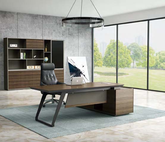 Walnut Veneer L-Shaped Executive Desk with Angled Metal Legs and Right Storage Return