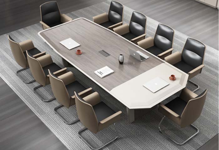 Two-Tone Boat-Shaped 10-Person Conference Table with Central Cable Management