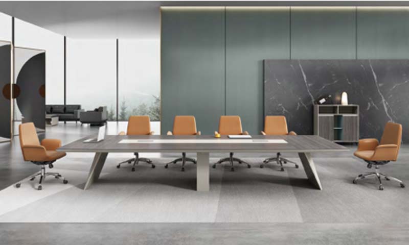 Dark Woodgrain Rectangular Conference Meeting Table with Central Cable Channel and Geometric Angled Legs