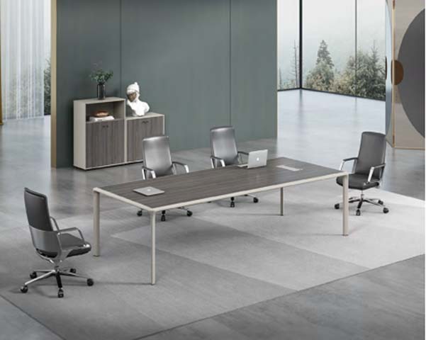 8-Person Rectangular Dark Wood Conference Table with Light Gray Steel Frame