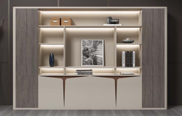 Modern Full-Wall Display Bookshelf with Integrated LED Lighting and Mixed Open/Closed Storage
