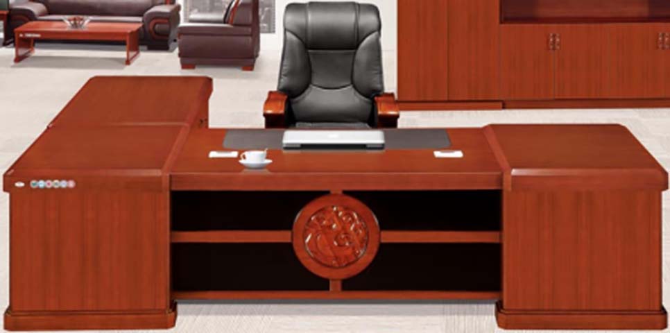 U-Shaped Traditional Reddish-Brown Wood Veneer Executive Desk with Carved Front Modesty Panel