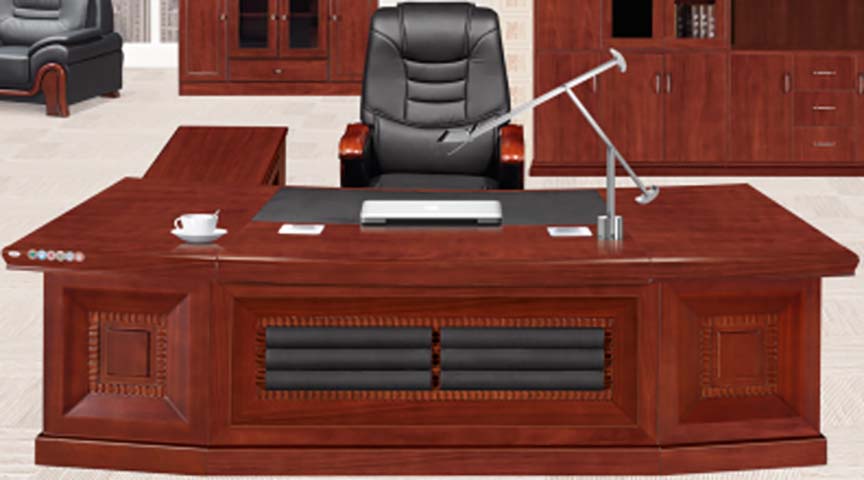 Red-Brown Wood Veneer L-Shaped Bow-Front Executive Desk with Leather Inlay and Padded Modesty Panel