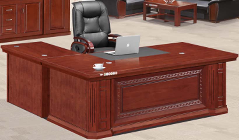 Traditional Carved Red Walnut Veneer L-Shaped Executive Office Desk
