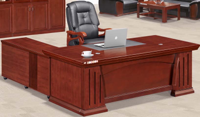 Traditional Reddish Brown Wood Veneer L-Shaped Executive Office Desk with Mobile Side Return