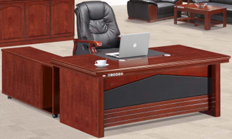 Red Wood Veneer L-Shaped Executive Desk With Mobile Caster Side Return