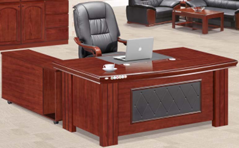 Mahogany Finish L-Shaped Executive Desk with Mobile Side Return and Tufted Modesty Panel