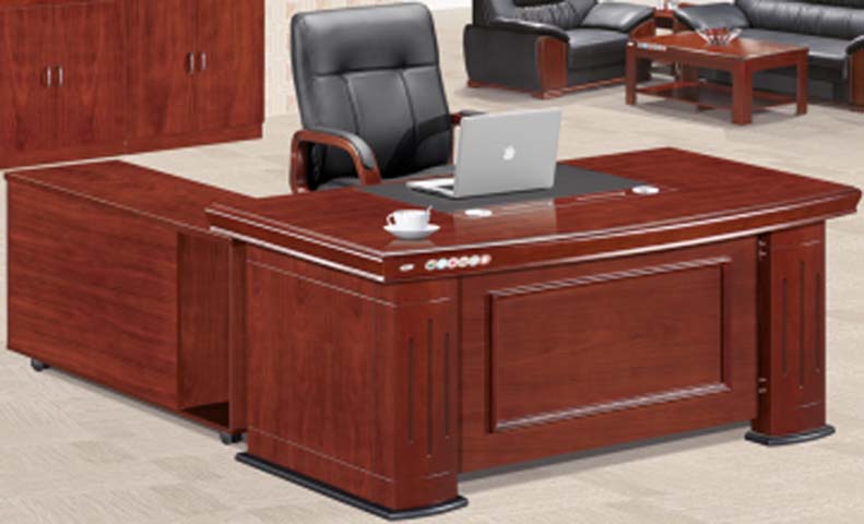 Traditional Reddish Brown Wood Veneer L-Shaped Executive Office Desk with Mobile Side Return