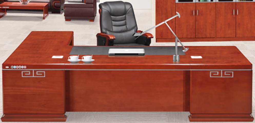 High-Gloss Red Wood Veneer L-Shaped Executive Desk with Meander Metal Inlay
