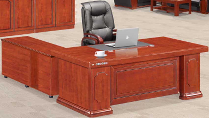 Traditional Carved Red-Brown Wood Veneer L-Shaped Executive Desk with Rolling Side Return