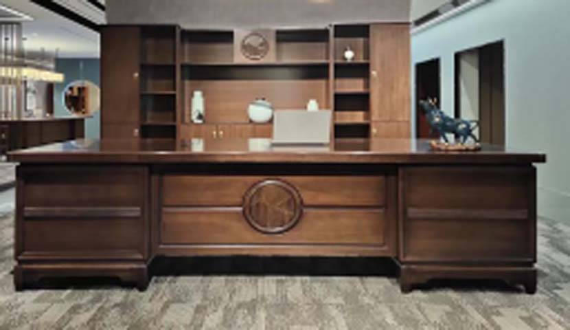 New Chinese Style Walnut Finish Double-Pedestal Executive Desk with Integrated Rear Hutch