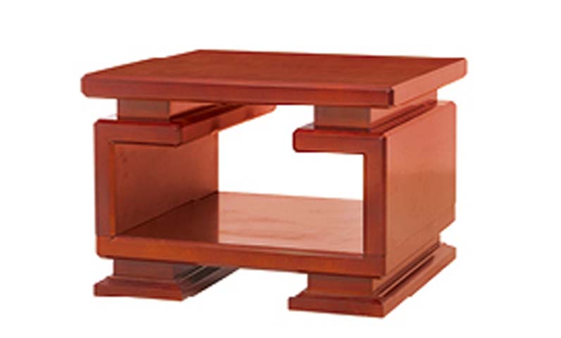 Traditional Reddish-Brown Square Office Side Table with Open Lower Shelf and Stepped Plinth Base