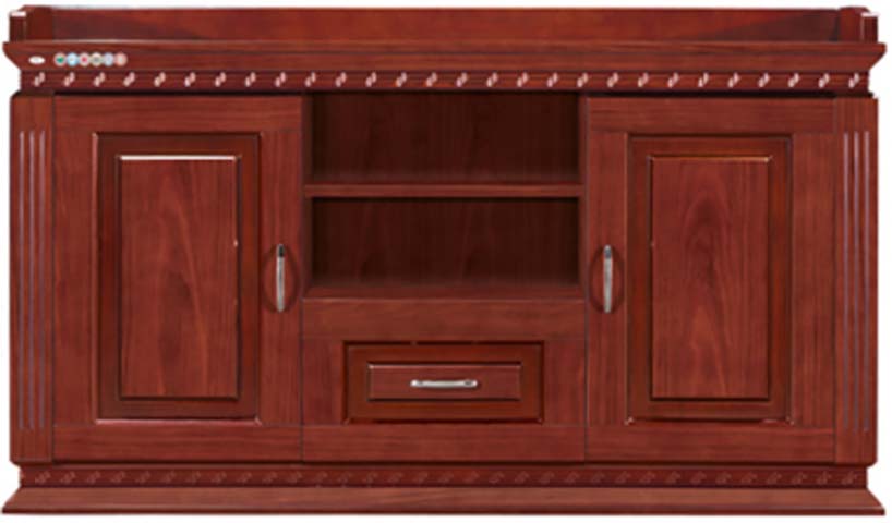 Mahogany Finish Executive Office Side Credenza with Open Shelves and Drawer