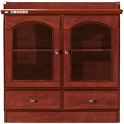 Red-Brown Wood Arched Glass Double Door Storage Cabinet with Two Lower Drawers