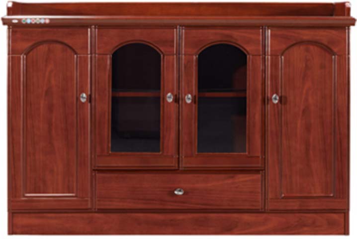 Traditional Mahogany-Finish Low Office Storage Cabinet with Arched Glass Doors