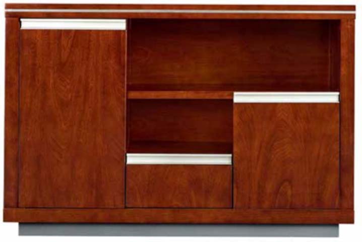 Cherry Veneer Wall-Mounted Office Storage Credenza With Mixed Open/Closed Storage