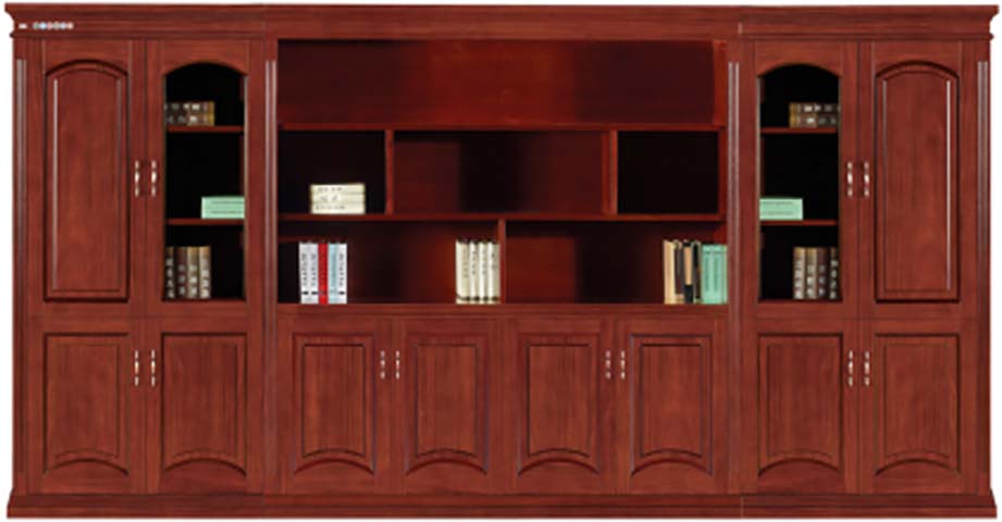 Traditional Red-Brown Wood Veneer Executive Office Wall Bookcase with Lower Closed Storage