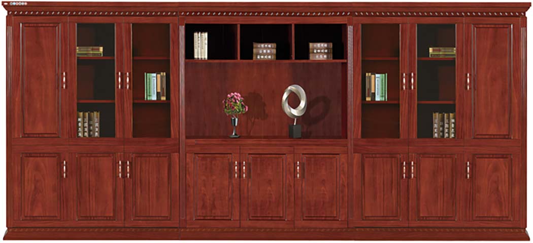 Traditional Mahogany Red Full-Height Executive Office Wall Bookcase with Glass Doors and Central Display Hutch