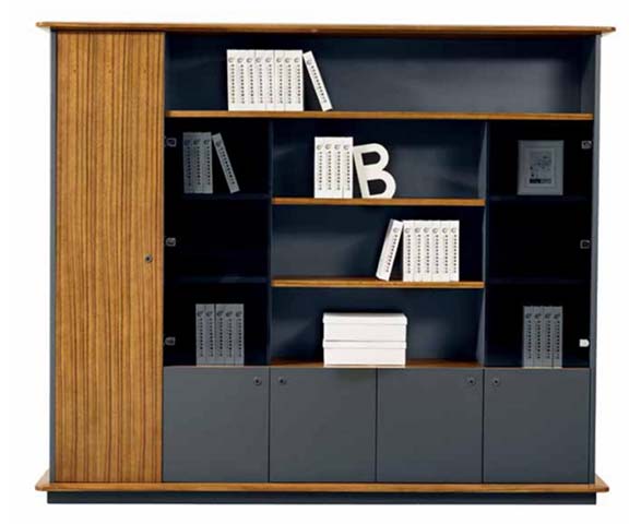 Combination Office Storage Cabinet with Left Tambour Door, Open Shelves and Lower Lockable Doors