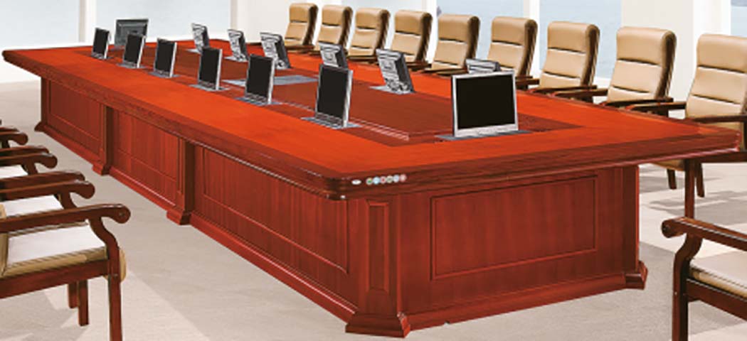 20-Seat Red Wood Veneer Motorized Lift-Monitor Paperless Conference Table