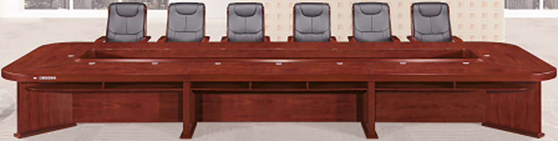 Traditional Red Mahogany Veneer Boat-Shaped 14-Person Conference Table with Central Cable Trough