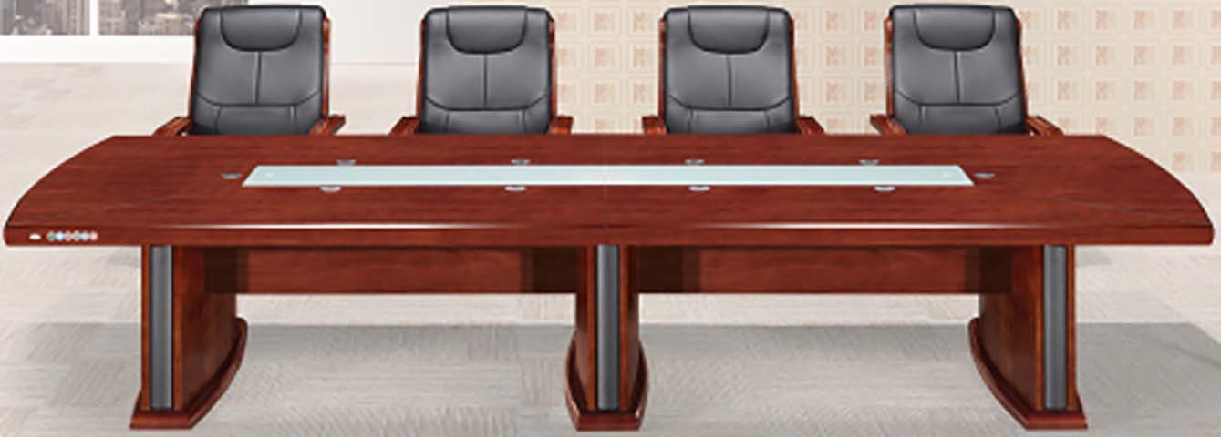 Rounded-End Red Wood Veneer 8-Seat Conference Table with Central Cable Inlay