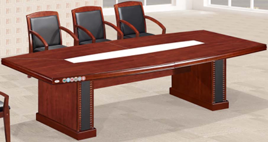 Red-Brown Wood Veneer Double-Pedestal Rectangular Conference Table with Integrated Cable Management