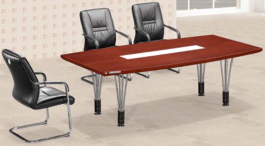Reddish Brown Veneer 6-Person Rectangular Conference Table With Central Cable Panel And Clustered Chrome Legs