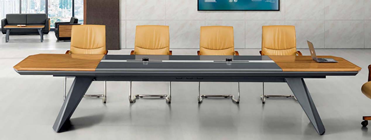 Boat-Shaped Two-Tone Walnut and Dark Grey Executive Conference Table with Integrated Central Cable Management