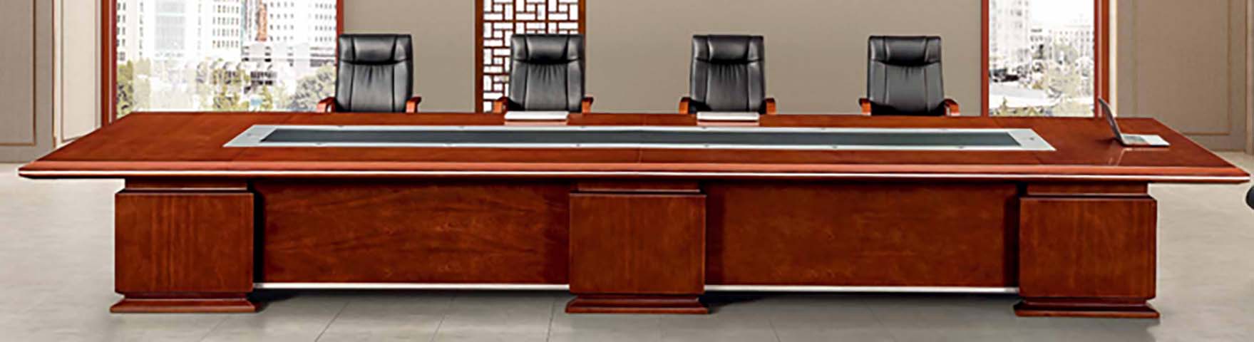 Traditional Red-Brown Wood Veneer Large Conference Table with Central Cable Raceway