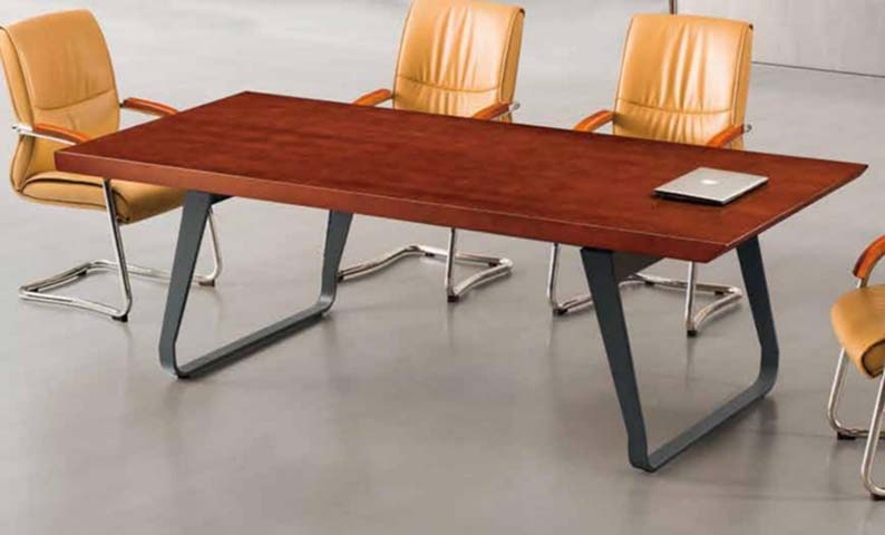 Reddish Brown Wood Veneer Rectangular Conference Table with Dark U-Shaped Metal Sled Legs