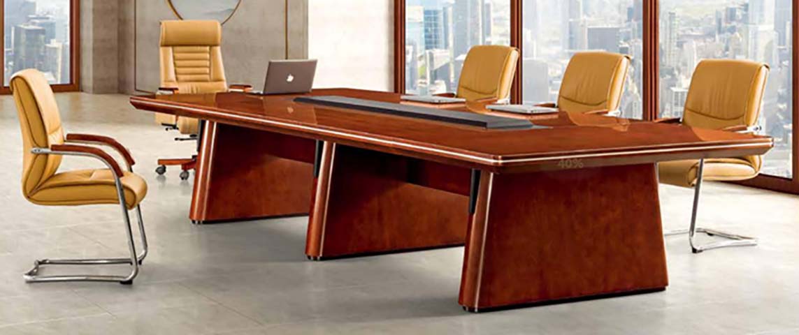 High-Gloss Walnut Veneer Rectangular Conference Table with Central Cable Channel