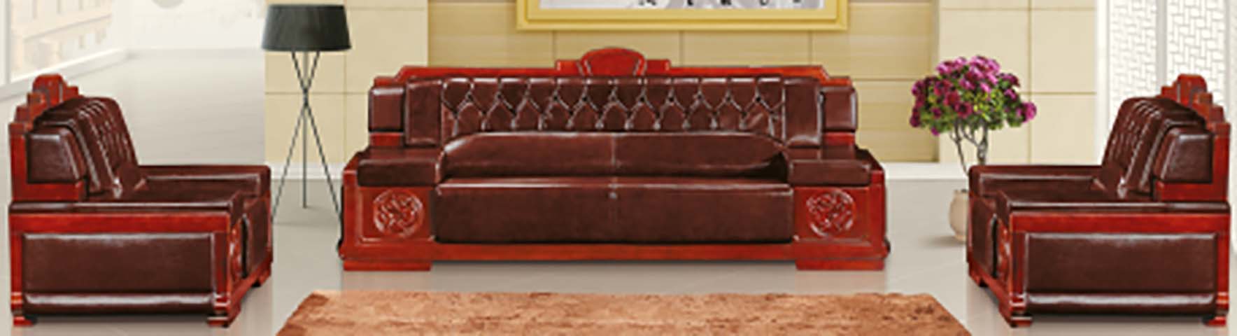 3+1+1 Carved Hardwood Frame Tufted Leather Executive Office Reception Sofa Set