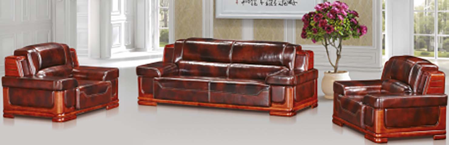 1+1+3 Configuration Executive Reception Office Sofa Set, Glossy Dark Reddish Brown Leather Upholstery with Solid Wood Trim