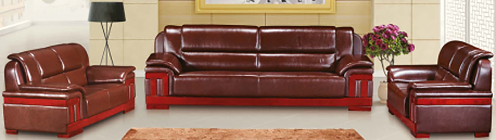 1+1+3 Dark Brown Leather Office Reception Sofa Set with Red Solid Wood Base