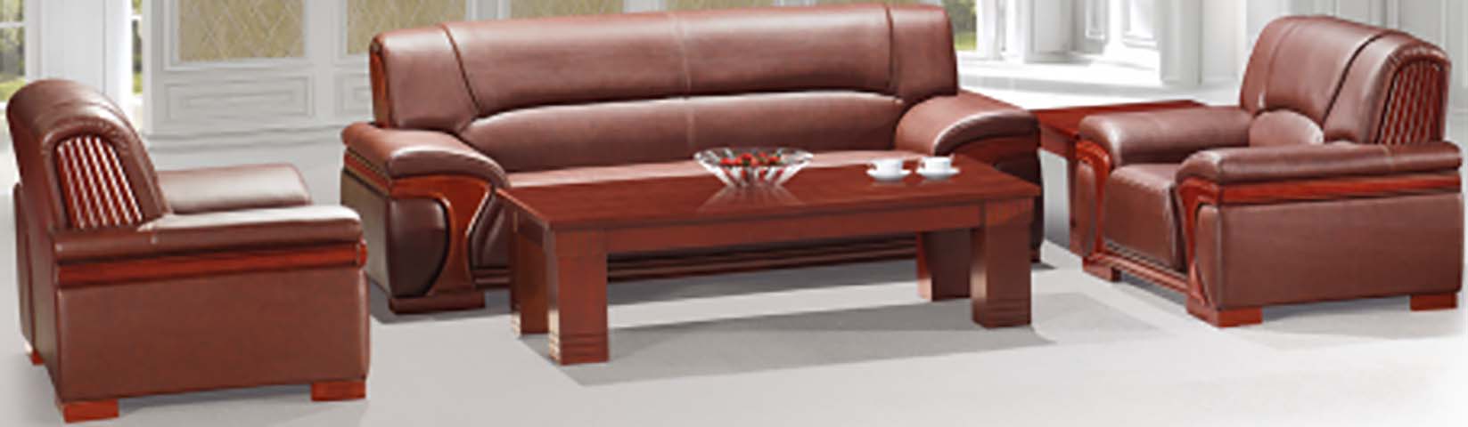 1+1+3 Formal Brown Leather Executive Office Reception Sofa Set with Coffee Table