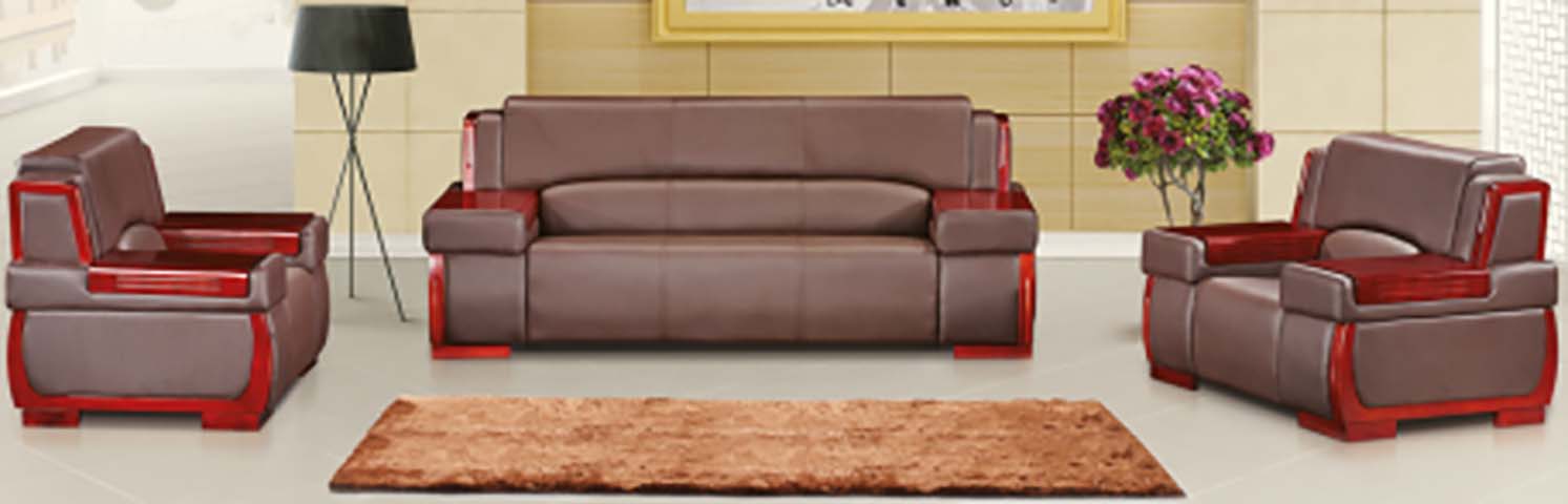 Brown Leather Reception Sofa Set with High-Gloss Red Wood Trim