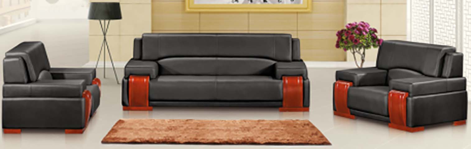 3+1+1 Configuration Black Upholstered Office Reception Sofa Set with High-Gloss Reddish-Brown Wood Trim